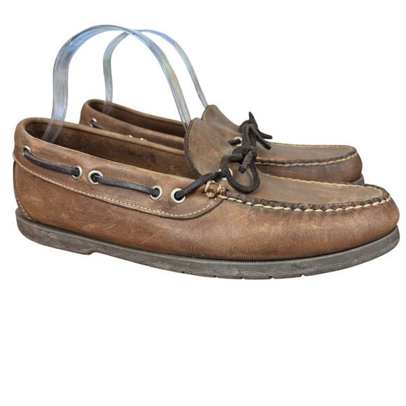 LL Bean Mens Brown Leather Slip On Boat Shoes Loafers Preppy Casual sz 8 EE Wide - Picture 1 of 16